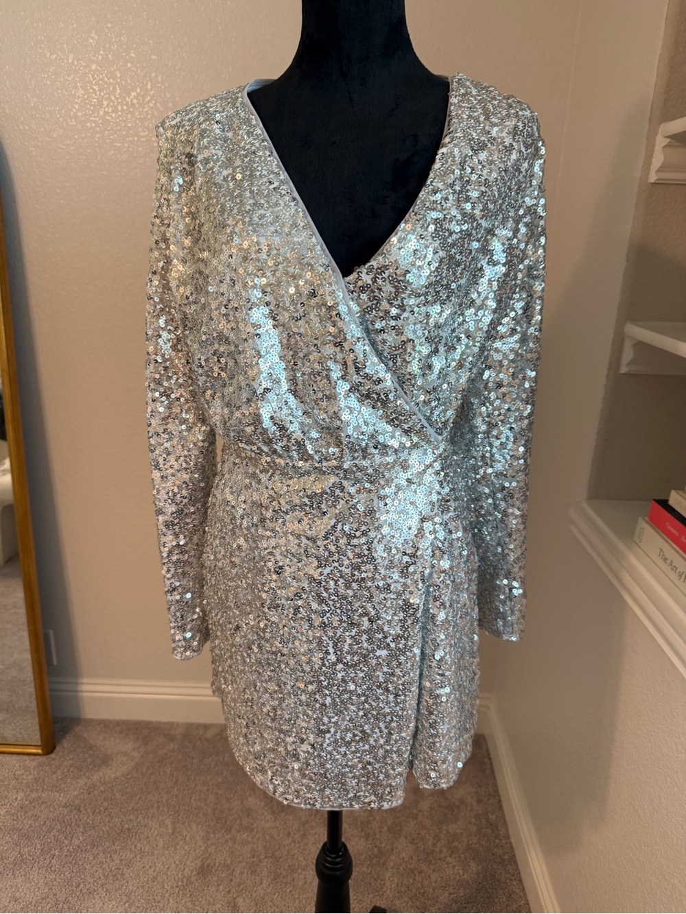 H&M Silver Sequin Wrap Mini Dress Small
